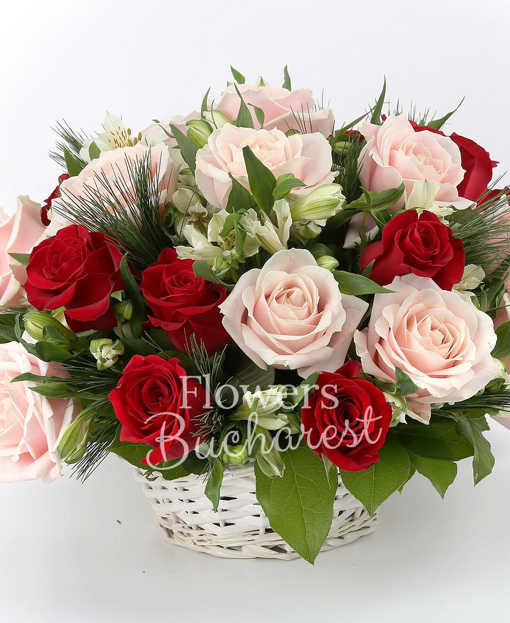 11 red roses, 10 pink roses, 6 white alstroemeria, greenery