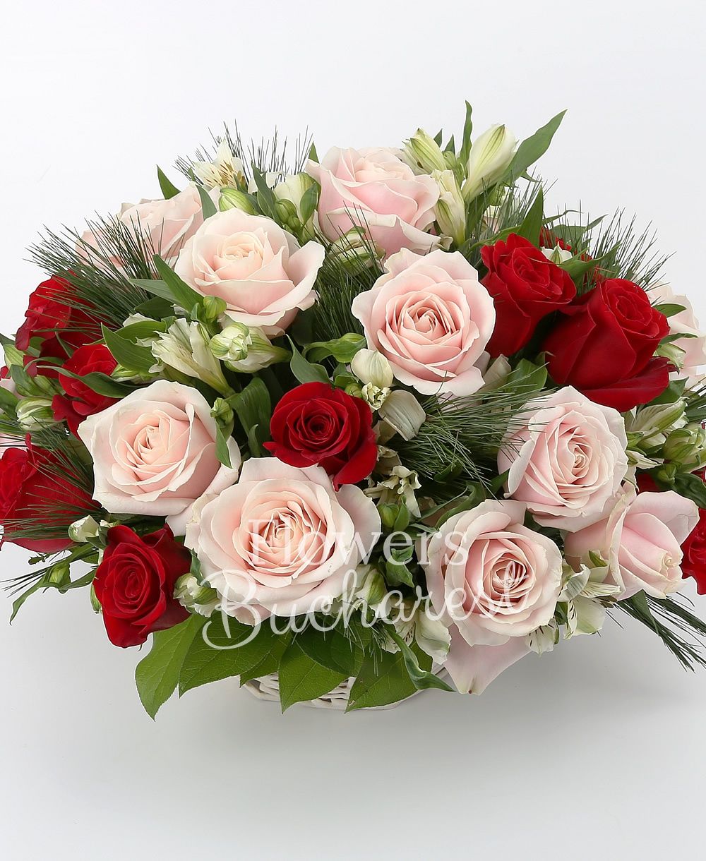 11 red roses, 10 pink roses, 6 white alstroemeria, greenery