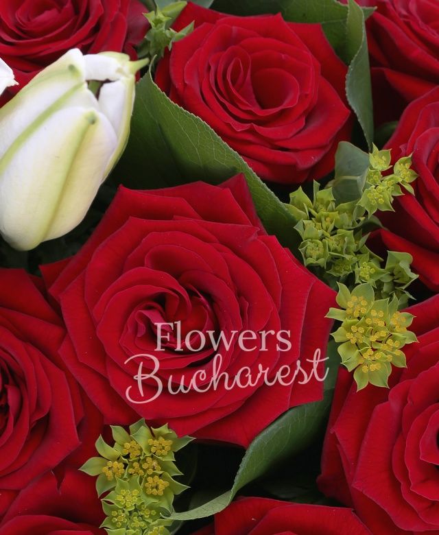 36 trandafiri rosii, crin alb, bupleurum, beargrass, eucalypt, salal