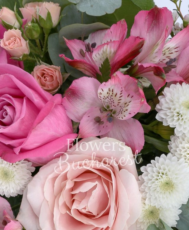 2 trandafiri cyclam, 2 trandafiri roz, 2 trandafiri mov, 2 miniroze roz, 2 alstroemeria roz, 2 santini albi, astranția alba, waxflower alb, eucalypt, salal, cuib