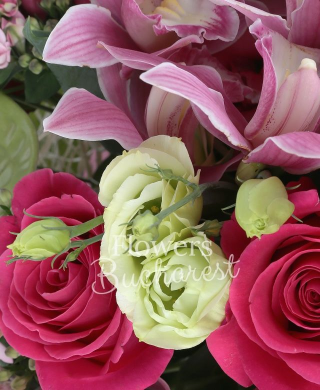 5 trandafiri cyclam, 4 lisianthus roz, 3 santini roz, 5 garoafe crem, 2 lisianthus verde, 2 sedum, 4 bouvardia roz, 2 anthurium verde, cymbidium roz, eucalypt, salal, cuib