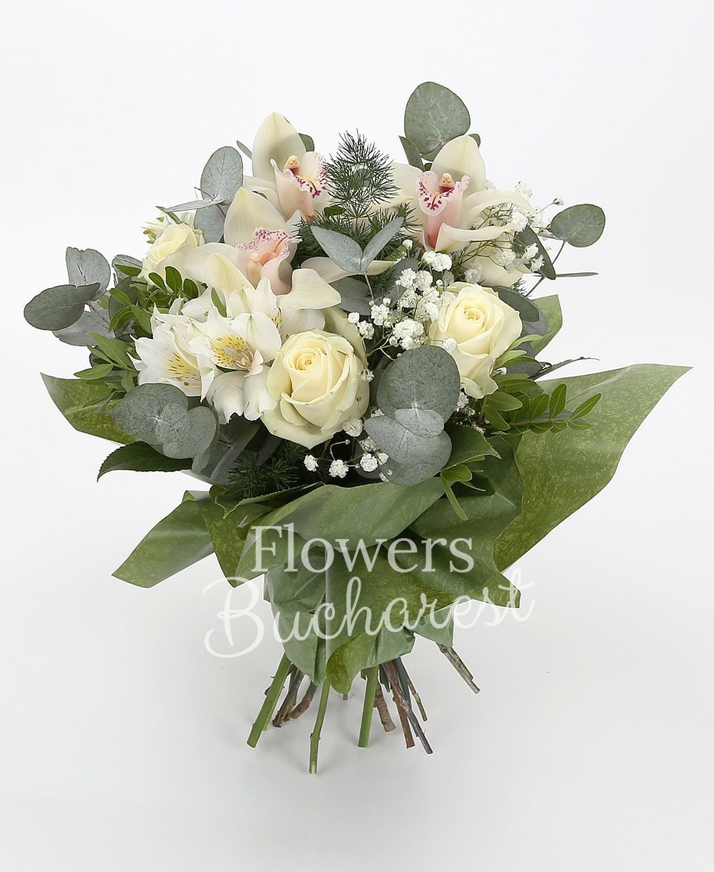 5 white roses, 3 white alstroemerias, white cymbidium, greenery