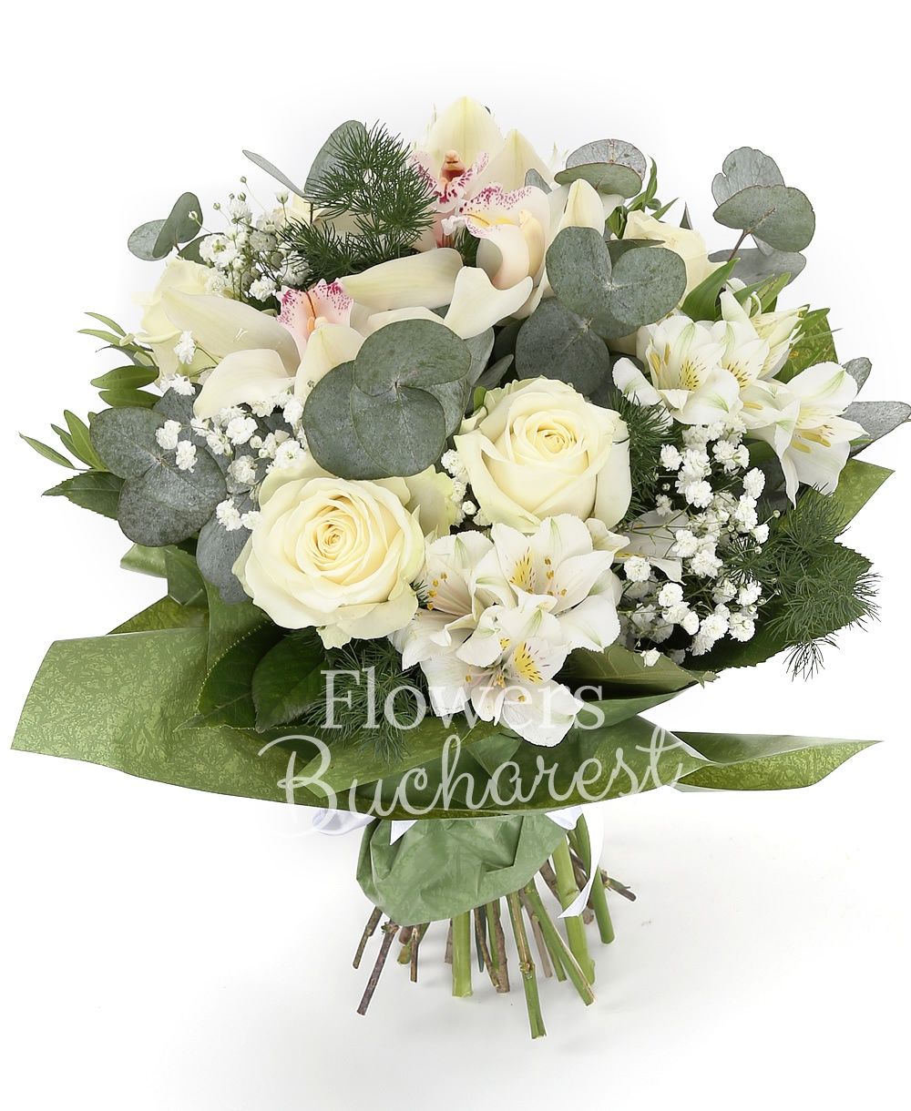 5 white roses, 3 white alstroemerias, white cymbidium, greenery