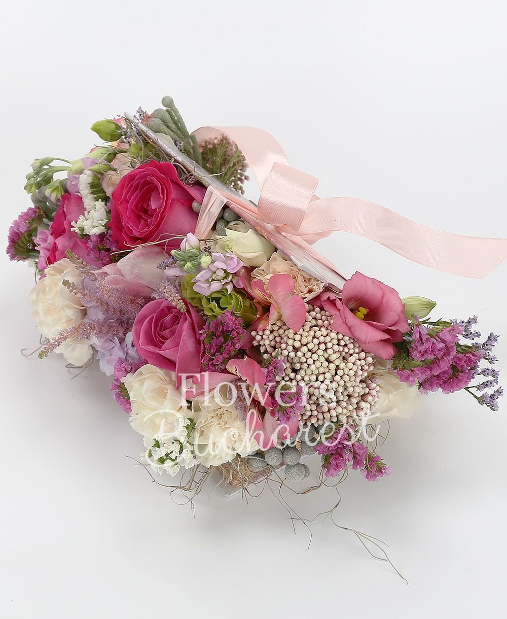 3 cyclam roses, 5 carnations, 3 cyclam carnations, 2 pink alstroemeria, 3 pink lisianthus, 3 brunia, 2 pink mathiolla, pink astilbe, rice flower, pink limonium