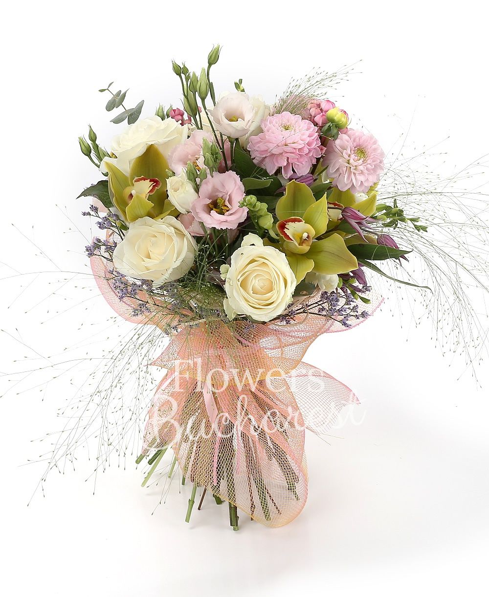 5 white roses, 3 pink dahlias, 3 pink lisianthus, 5 white freesias, 3 pink bouvardia, green cymbidium, 2 clematis, greenery