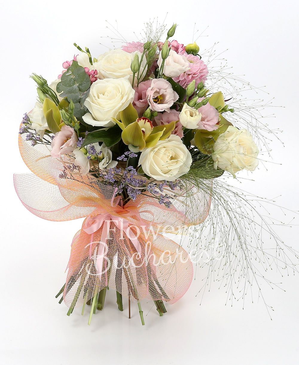 5 white roses, 3 pink dahlias, 3 pink lisianthus, 5 white freesias, 3 pink bouvardia, green cymbidium, 2 clematis, greenery