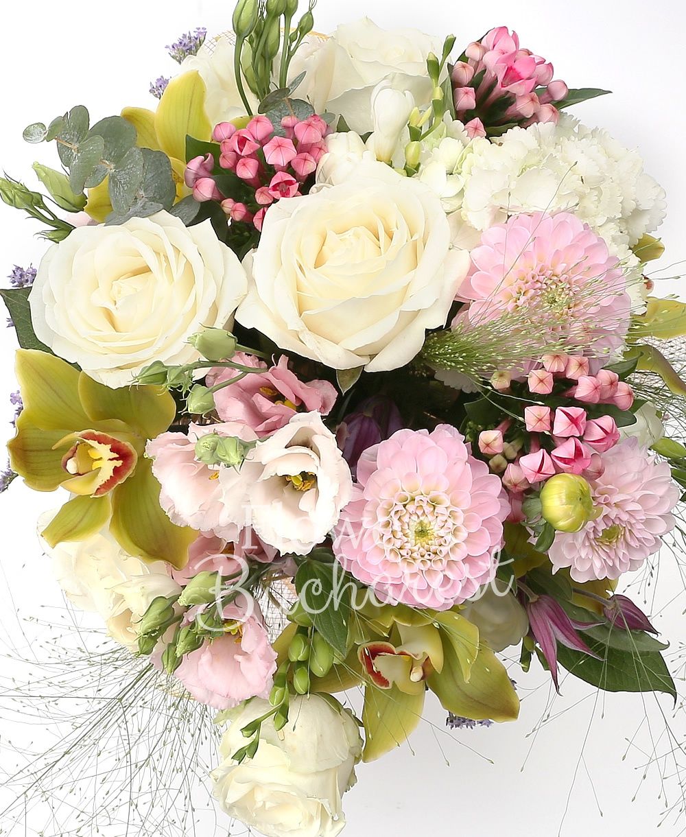 5 white roses, 3 pink dahlias, 3 pink lisianthus, 5 white freesias, 3 pink bouvardia, green cymbidium, 2 clematis, greenery