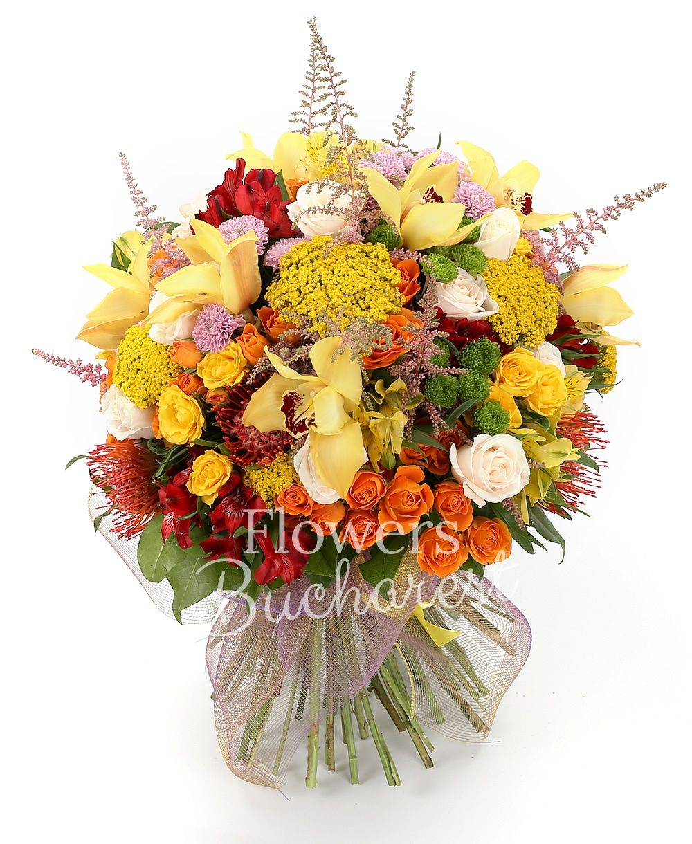 9 cream roses, 5 orange miniroses, 5 yellow miniroses, 5 yellow alstroemeria, 5 red alstroemeria, 5 leucospermum, 3 pink santini, 3 green santini, 7 pink astilbe, 5 yellow rice flower, yellow cymbidium