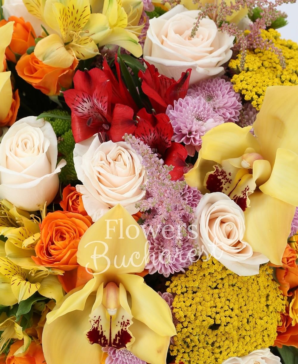 9 cream roses, 5 orange miniroses, 5 yellow miniroses, 5 yellow alstroemeria, 5 red alstroemeria, 5 leucospermum, 3 pink santini, 3 green santini, 7 pink astilbe, 5 yellow rice flower, yellow cymbidium