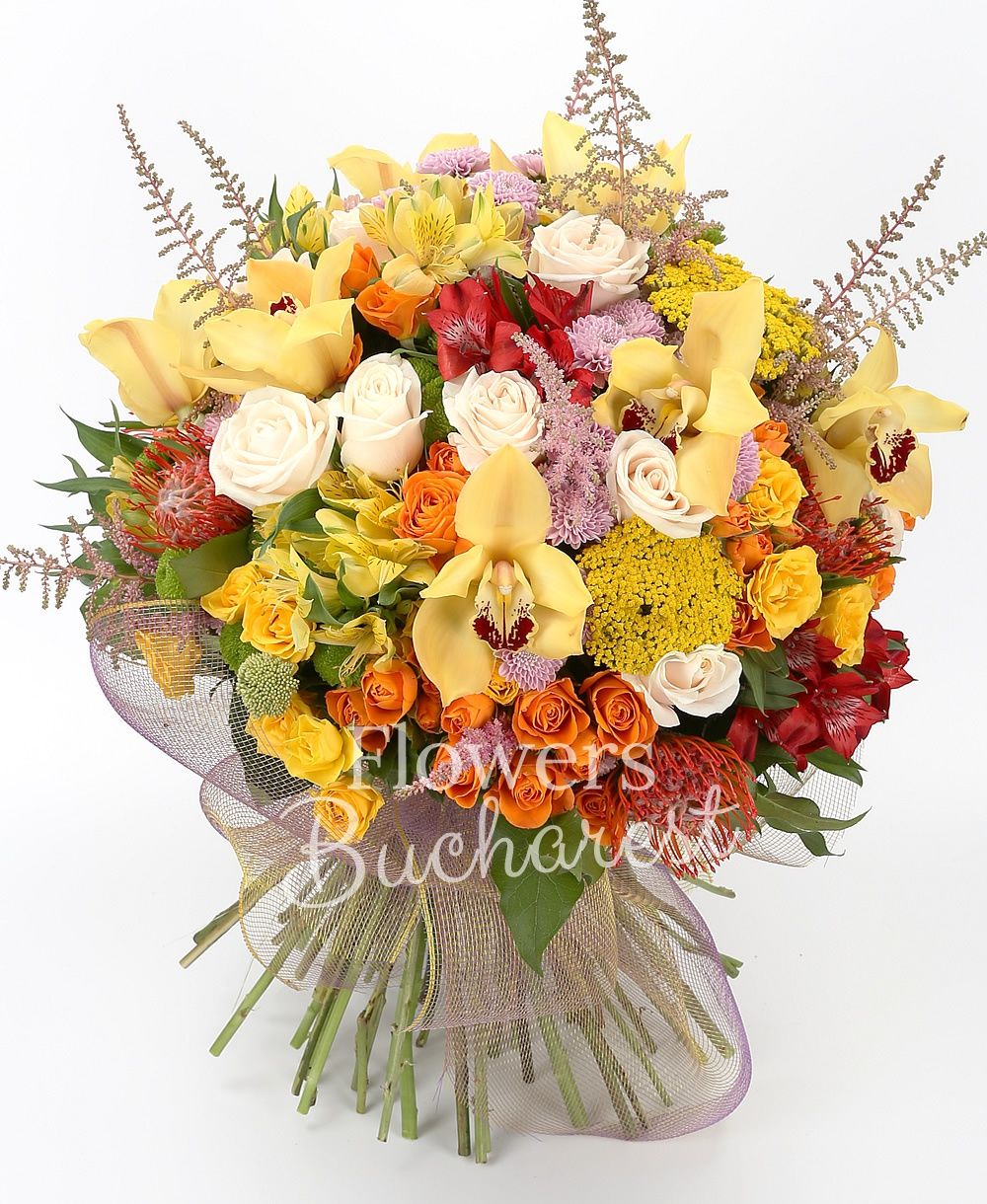 9 cream roses, 5 orange miniroses, 5 yellow miniroses, 5 yellow alstroemeria, 5 red alstroemeria, 5 leucospermum, 3 pink santini, 3 green santini, 7 pink astilbe, 5 yellow rice flower, yellow cymbidium