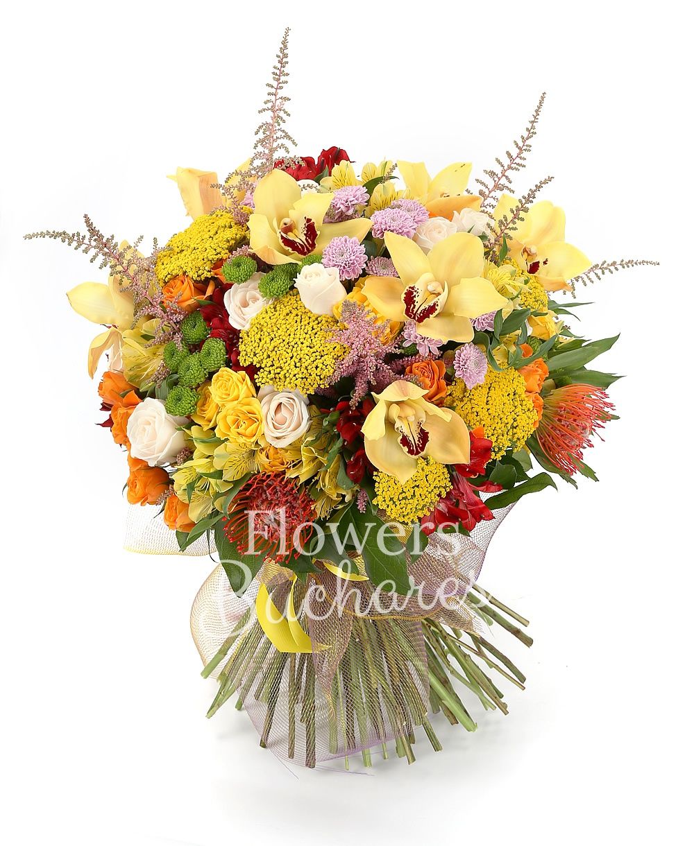 9 cream roses, 5 orange miniroses, 5 yellow miniroses, 5 yellow alstroemeria, 5 red alstroemeria, 5 leucospermum, 3 pink santini, 3 green santini, 7 pink astilbe, 5 yellow rice flower, yellow cymbidium