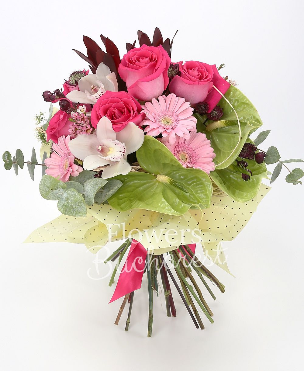 5 cyclam roses, 3 pink gerbera, 3 green anthurium, 2 leucadendron, 2 white trachelium, white cymbidium, pink waxflower, greenery