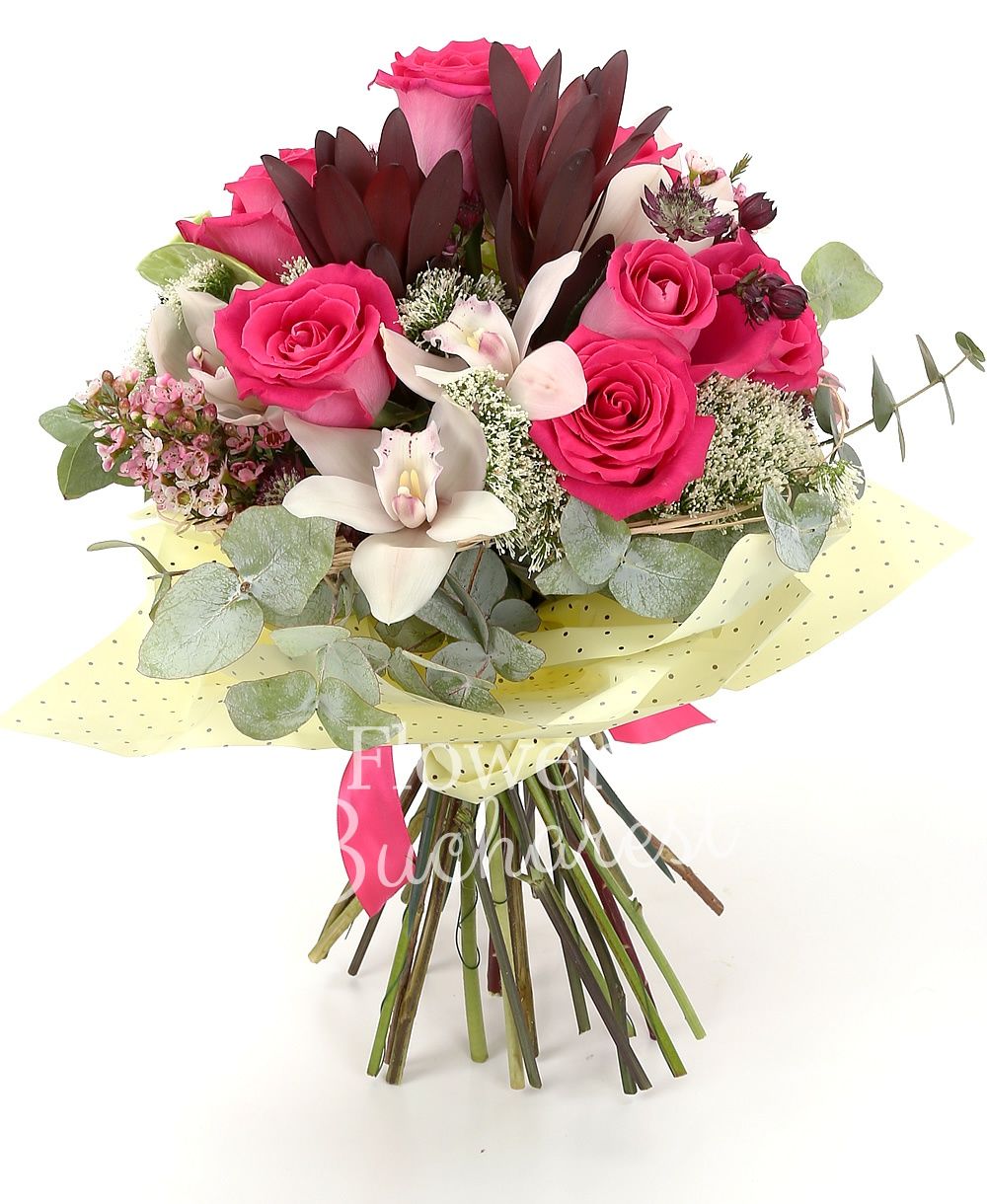 5 cyclam roses, 3 pink gerbera, 3 green anthurium, 2 leucadendron, 2 white trachelium, white cymbidium, pink waxflower, greenery