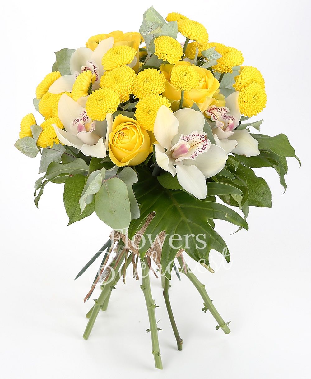 3 yellow roses, 4 yellow santini, white cymbidium, greenery