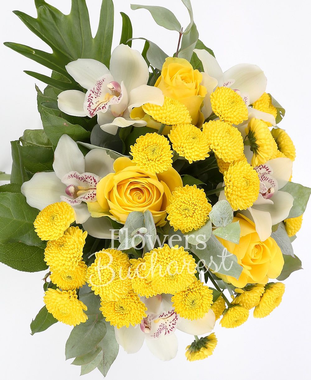 3 yellow roses, 4 yellow santini, white cymbidium, greenery