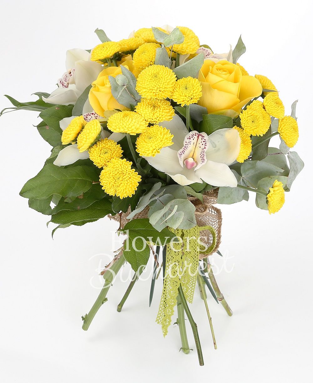 3 yellow roses, 4 yellow santini, white cymbidium, greenery