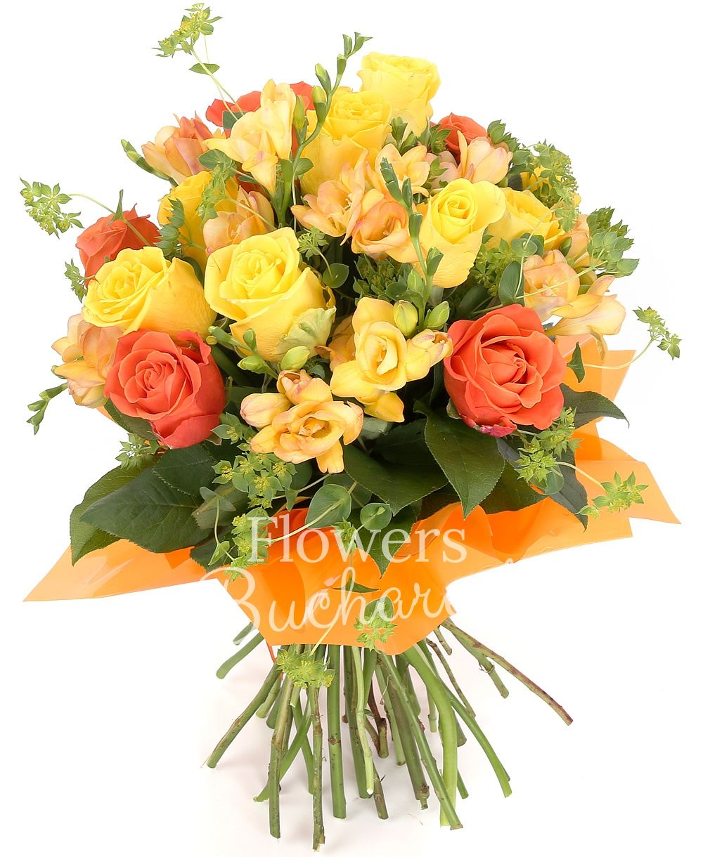 10 yellow roses, 7 orange roses, 10 yellow freesias, greenery