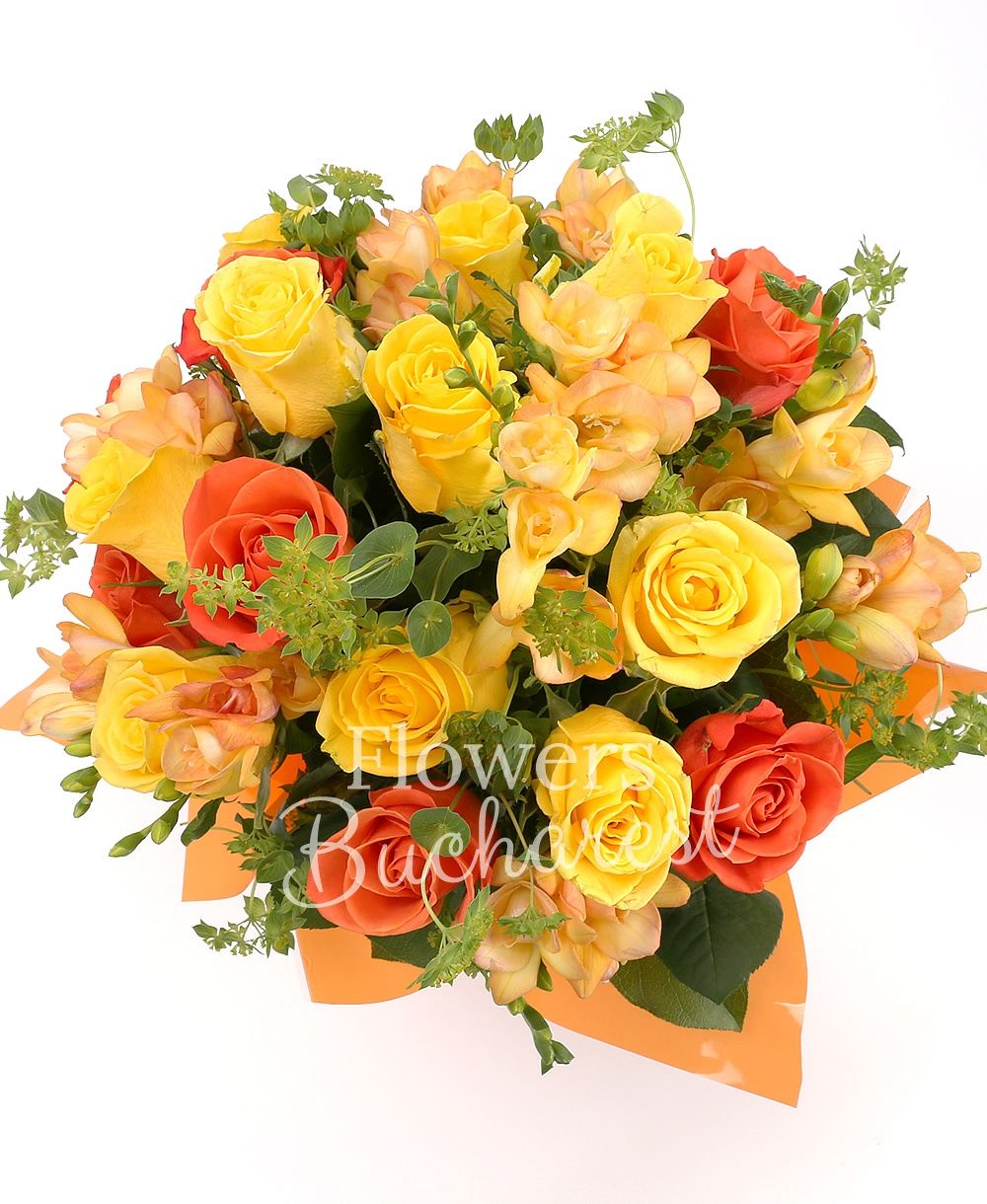 10 yellow roses, 7 orange roses, 10 yellow freesias, greenery