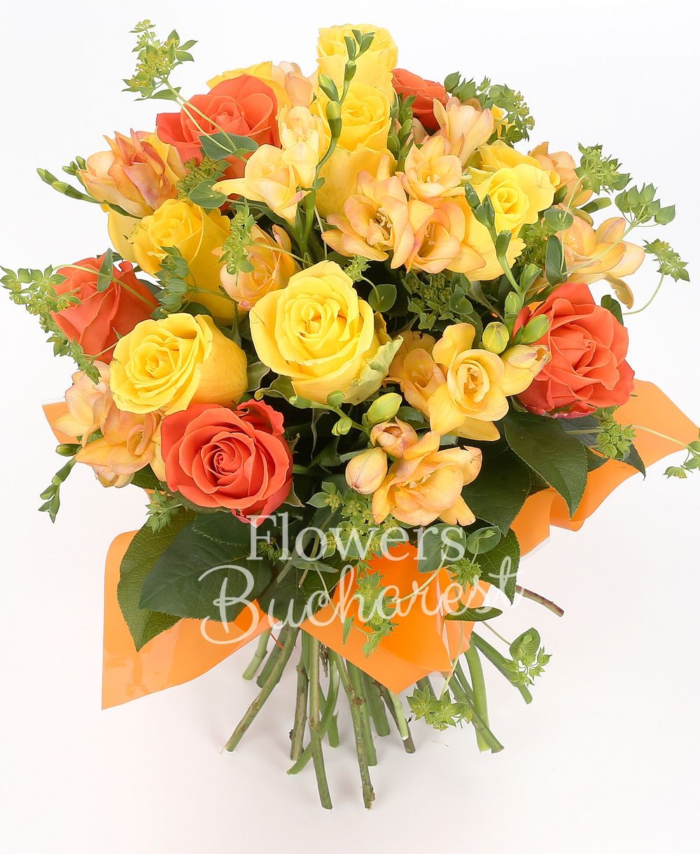 10 yellow roses, 7 orange roses, 10 yellow freesias, greenery