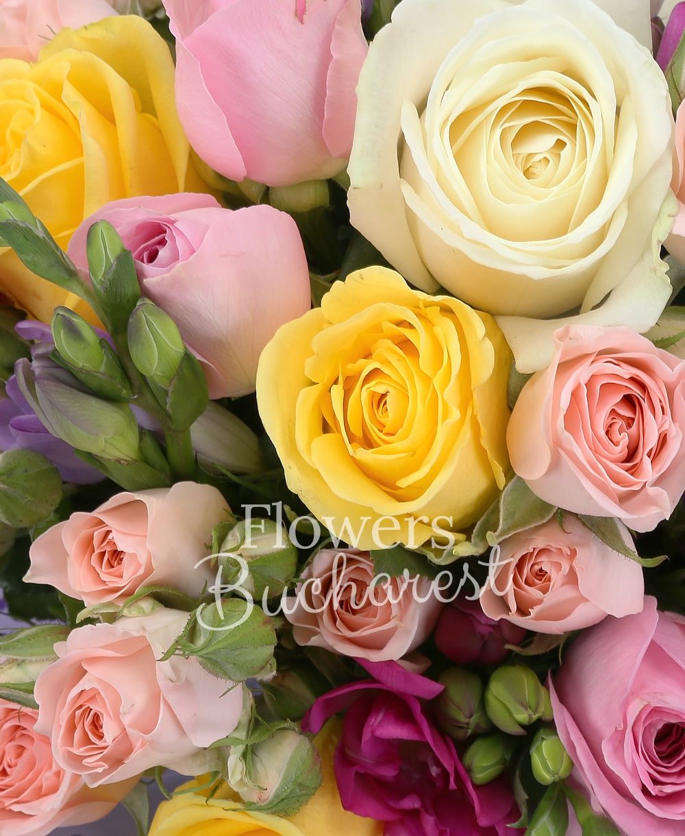 5 yellow roses, 4 white roses, 5 pink roses, 5 pink miniroses, 5 cyclam freesias, 5 mauve freesias