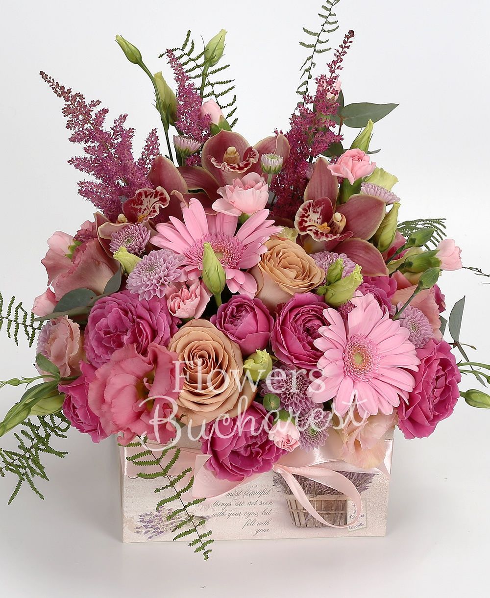 3 cappuccino roses, 2 pink gerbera, 3 cyclam miniroses, 3 pink lisianthus, 2 pink santini, 3 garnet astilbe, garnet cymbidium, pink carnations, greenery