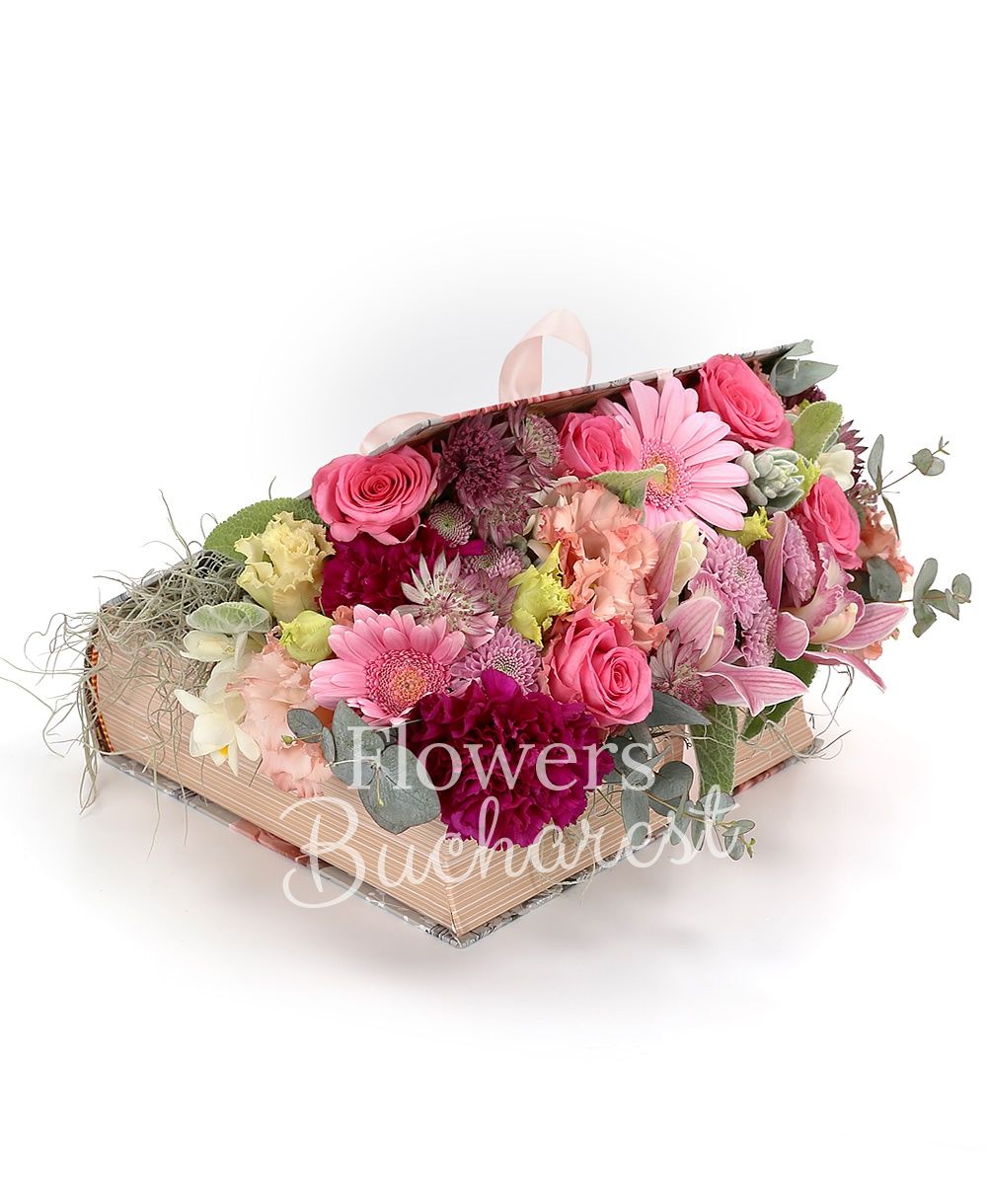 3 cappuccino roses, 2 pink gerbera, 5 white freesias, 3 cyclam carnations, 2 pink santini, 2 pink lisianthus, pink cymbidium, astranția, greenery