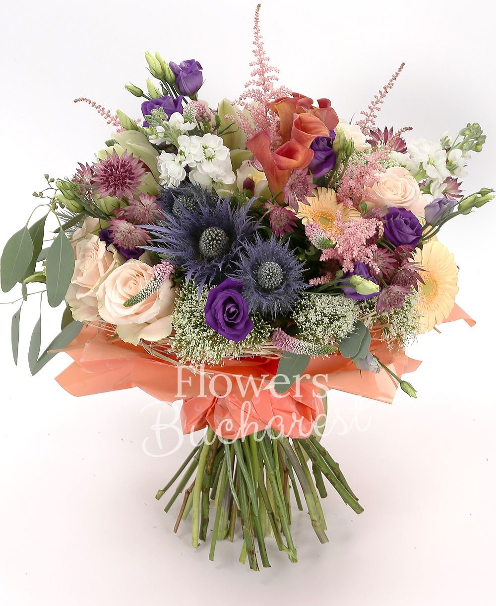 7 cream roses, 5 mango cala, 3 cream gerbera, 3 white mathiolla, 3 mauve lisianthus, 2 eryngium, 5 white trachelium, 5 pink astilbe, 5 pink veronica, green cymbidium, garnet astranția, greenery