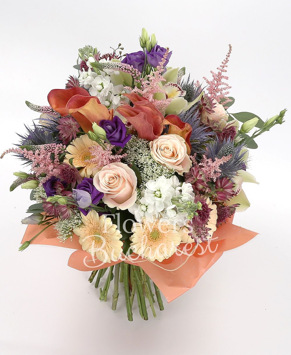 7 cream roses, 5 mango cala, 3 cream gerbera, 3 white mathiolla, 3 mauve lisianthus, 2 eryngium, 5 white trachelium, 5 pink astilbe, 5 pink veronica, green cymbidium, garnet astranția, greenery