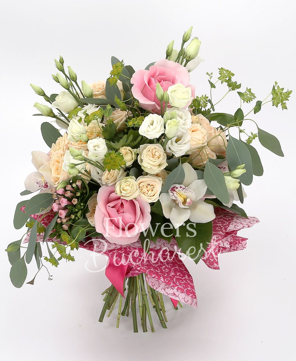 5 pink roses, 5 cream miniroses, 3 pink bouvardia, 5 white lisianthus, white cymbidium, greenery