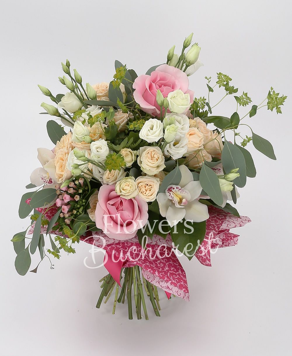 5 pink roses, 5 cream miniroses, 3 pink bouvardia, 5 white lisianthus, white cymbidium, greenery