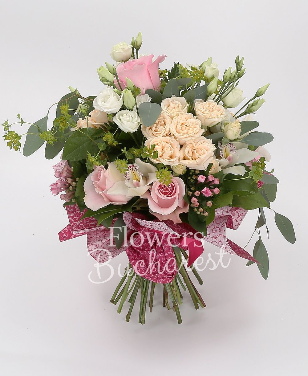 5 pink roses, 5 cream miniroses, 3 pink bouvardia, 5 white lisianthus, white cymbidium, greenery