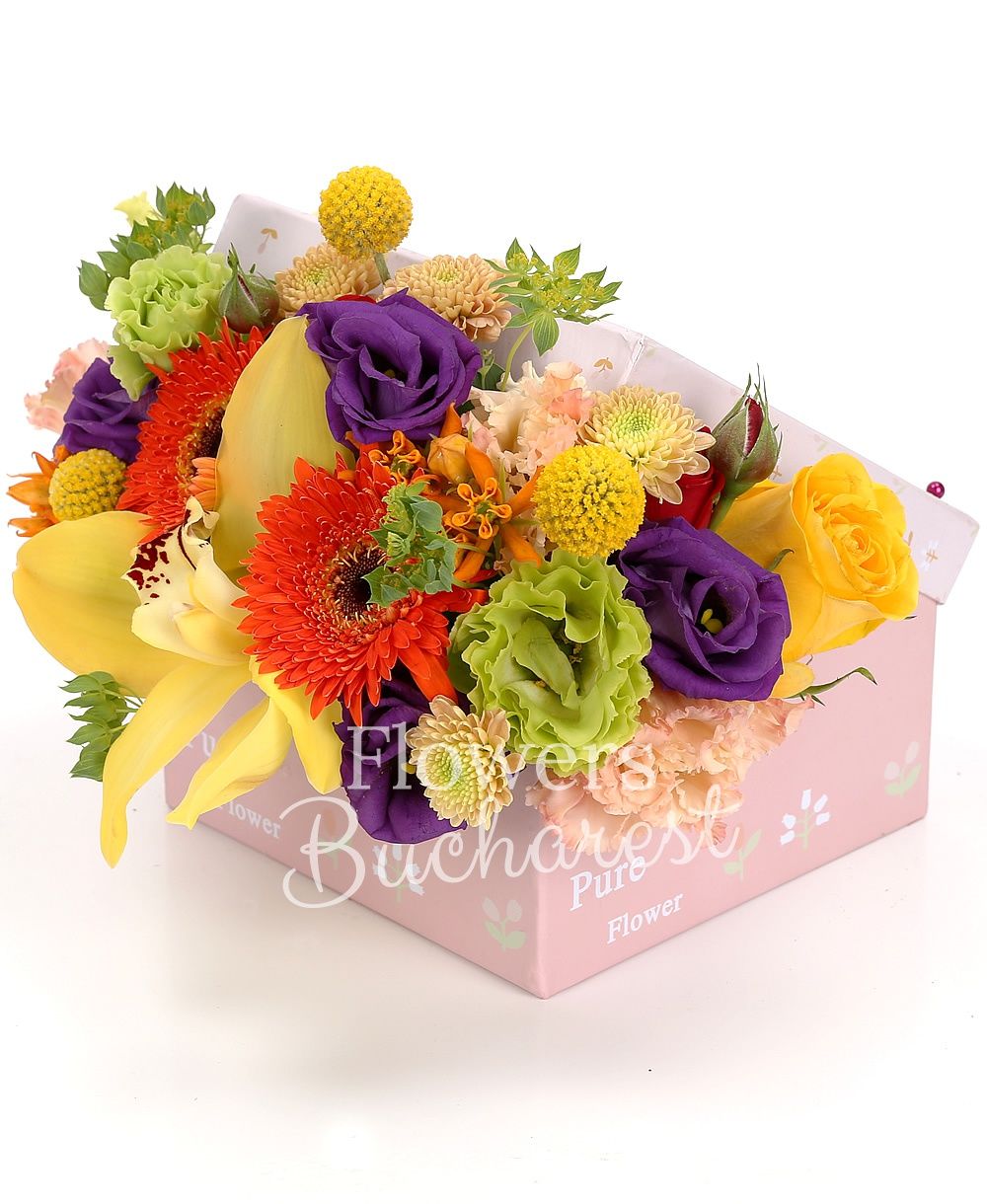 2 orange gerberas, 3 red roses, 1 yellow rose, yellow cymbidium, 2 pink lisianthus, 1 green lisianthus, 2 purple lisianthus, 3 craspedia, 1 yellow santini, greenery