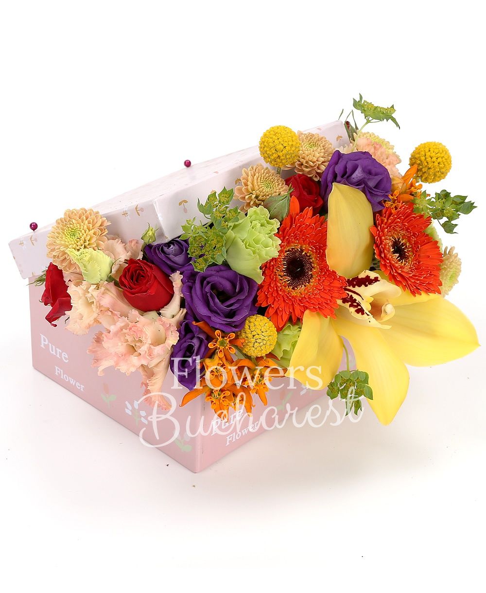 2 orange gerberas, 3 red roses, 1 yellow rose, yellow cymbidium, 2 pink lisianthus, 1 green lisianthus, 2 purple lisianthus, 3 craspedia, 1 yellow santini, greenery