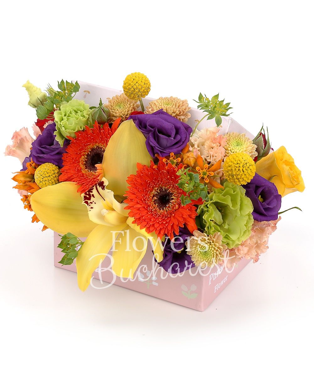 2 orange gerberas, 3 red roses, 1 yellow rose, yellow cymbidium, 2 pink lisianthus, 1 green lisianthus, 2 purple lisianthus, 3 craspedia, 1 yellow santini, greenery