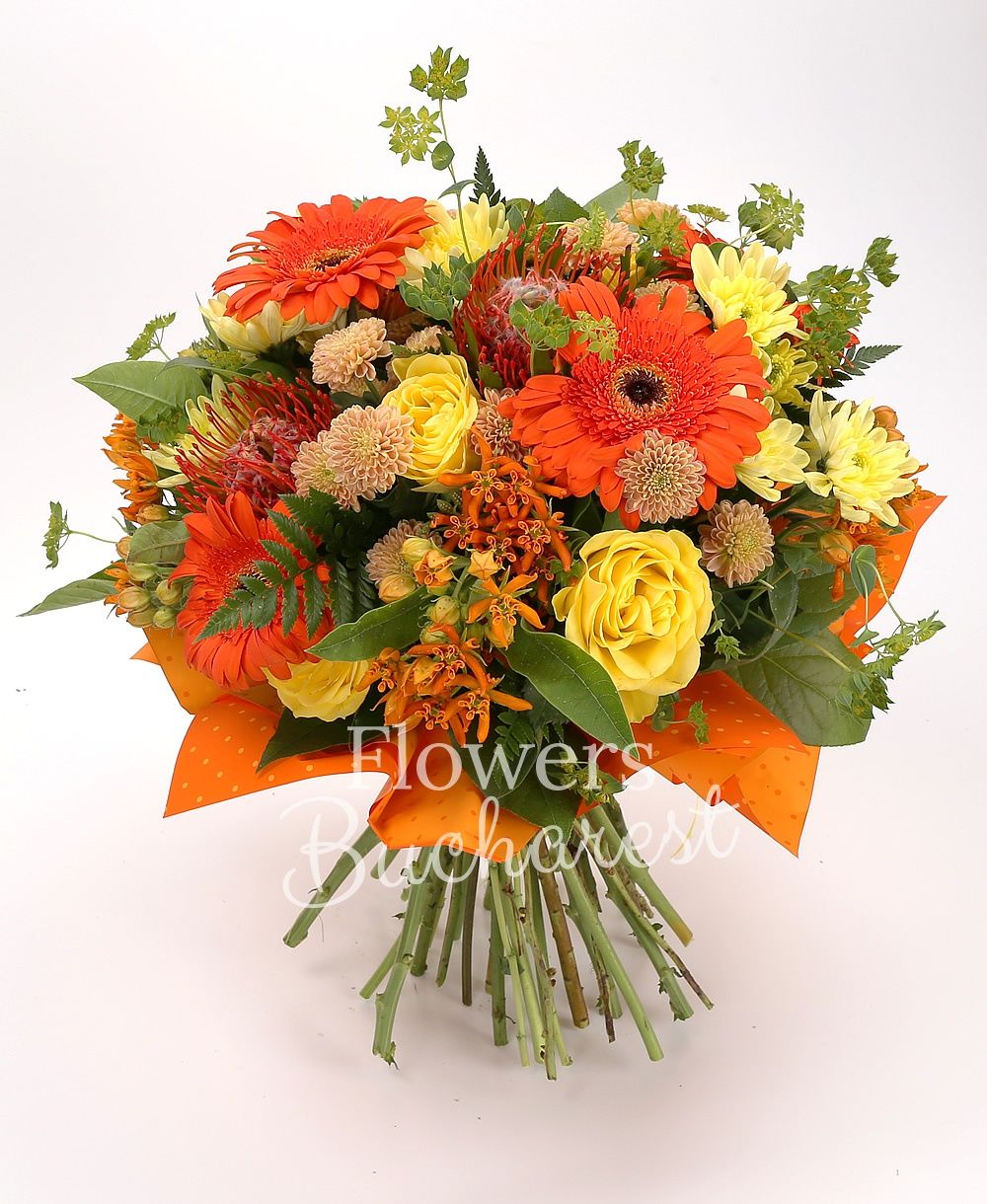 5 yellow roses, 5 orange gerberas, 3 leucospermum, 2 yellow chrysanthemums, 3 yellow santini, 3 asclepias, greenery