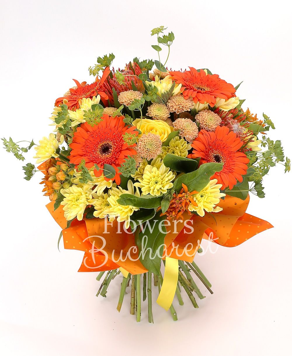 5 yellow roses, 5 orange gerberas, 3 leucospermum, 2 yellow chrysanthemums, 3 yellow santini, 3 asclepias, greenery