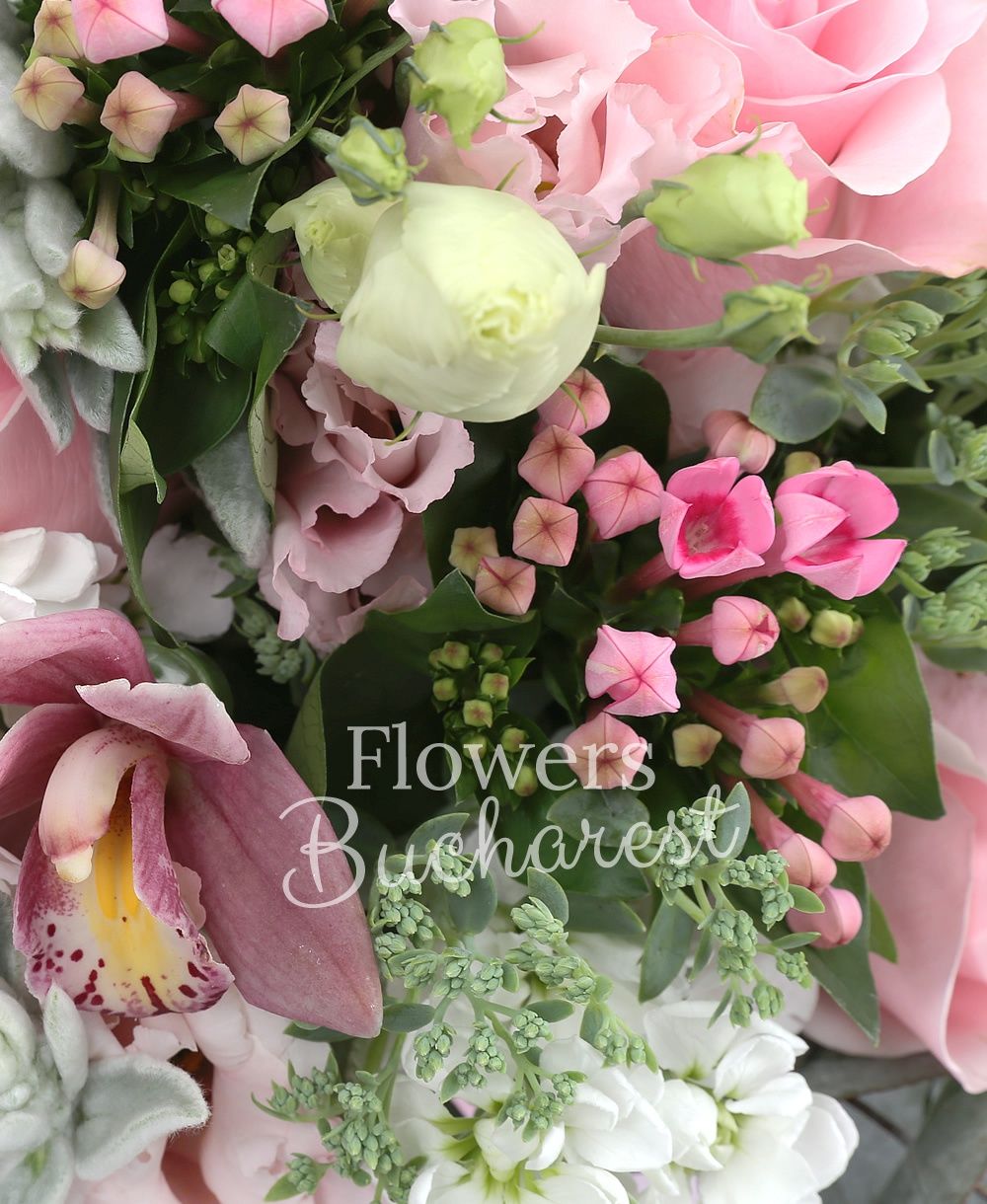 5 pink roses, 5 cream roses, 5 white mathiolla, 3 pink lisianthus, garnet cymbidium, 5 pink bouvardia, greenery