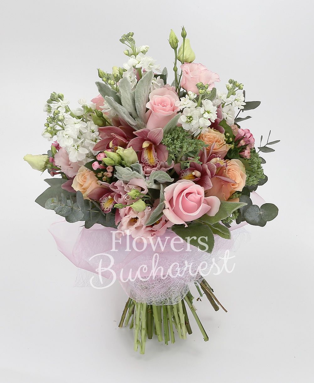 5 pink roses, 5 cream roses, 5 white mathiolla, 3 pink lisianthus, garnet cymbidium, 5 pink bouvardia, greenery