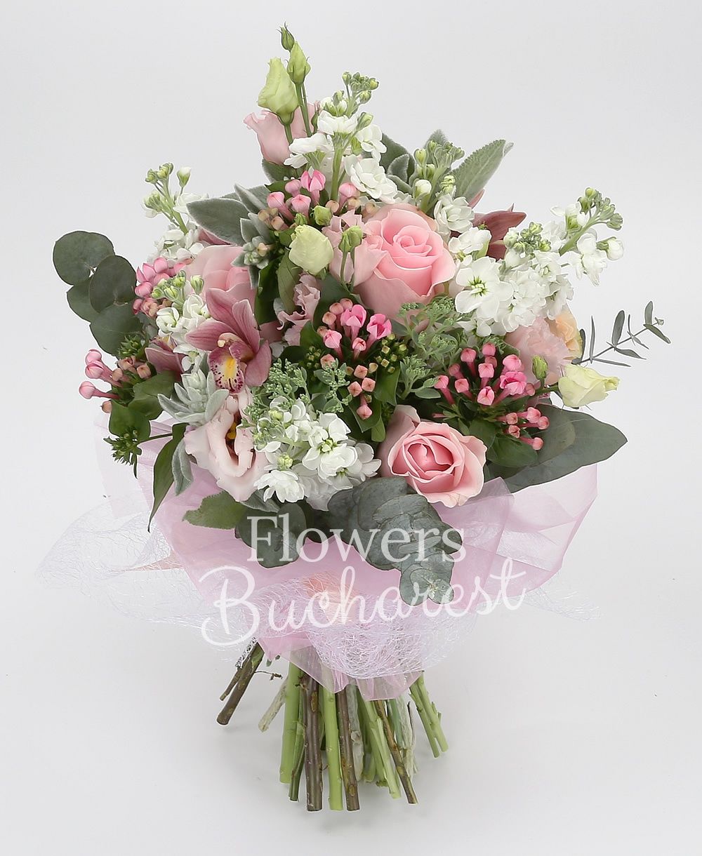 5 pink roses, 5 cream roses, 5 white mathiolla, 3 pink lisianthus, garnet cymbidium, 5 pink bouvardia, greenery