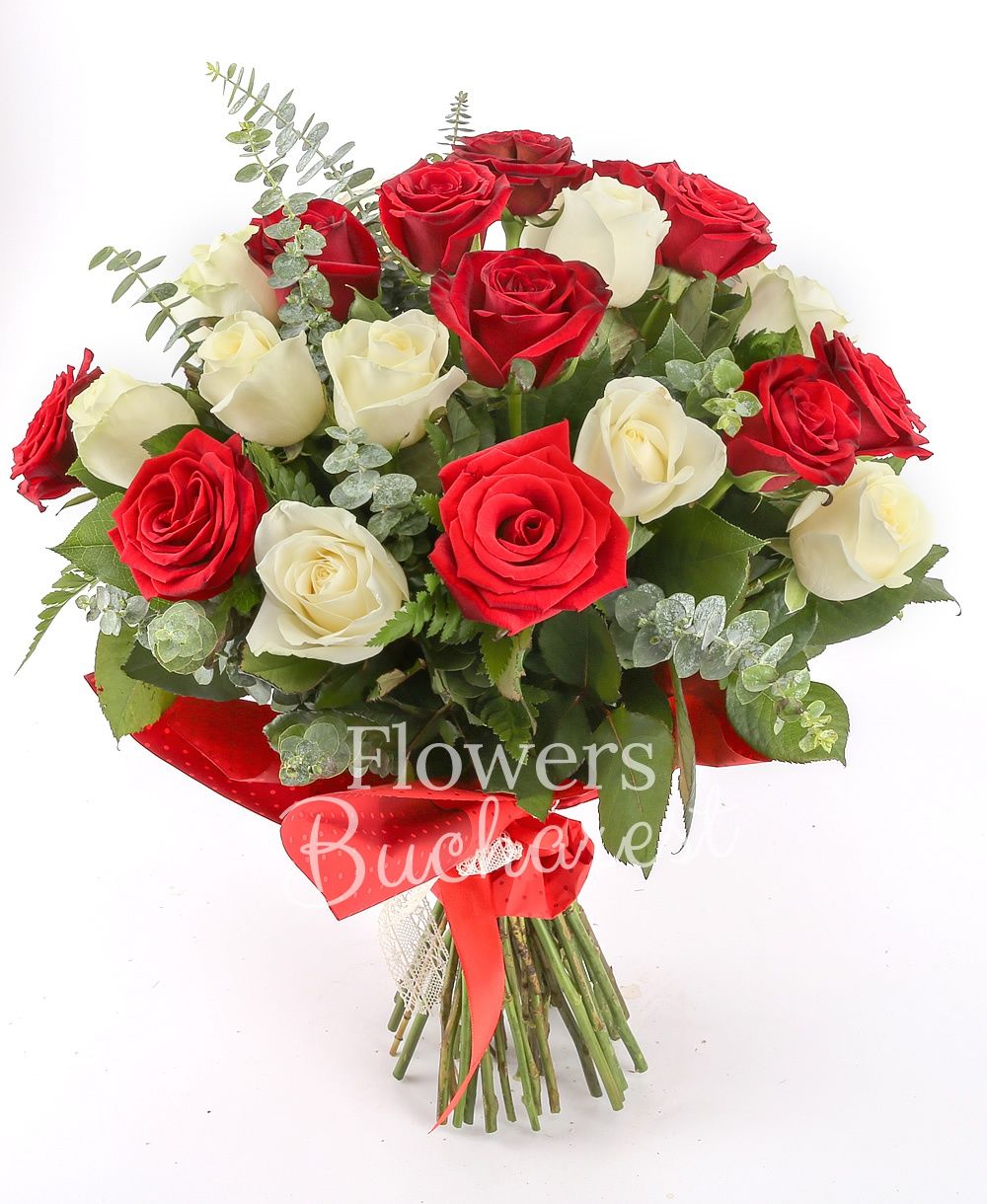 15 red roses, 14 white roses, greenery