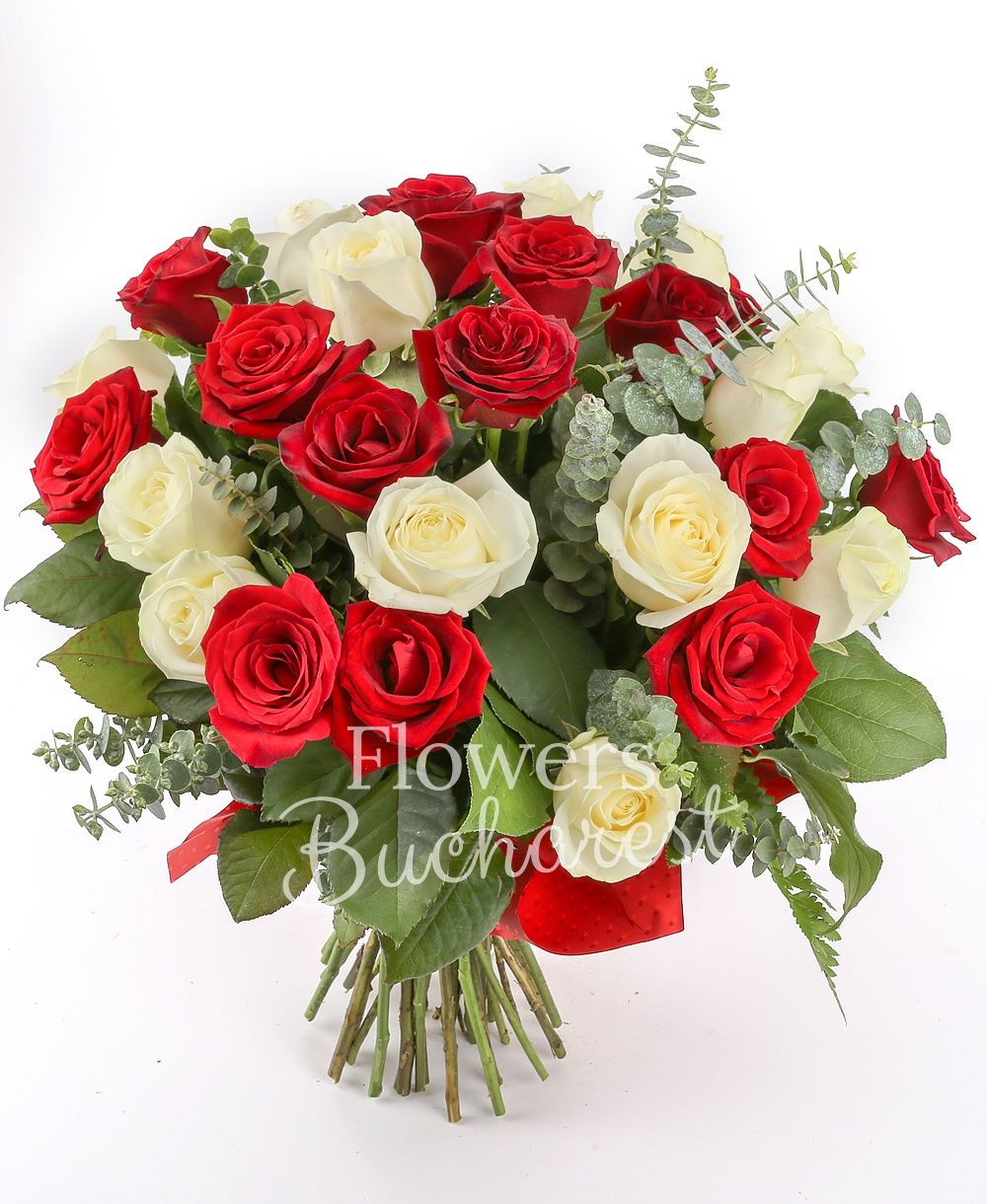 15 red roses, 14 white roses, greenery