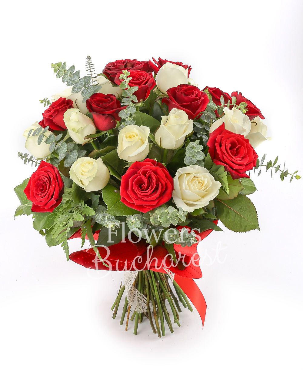 15 red roses, 14 white roses, greenery