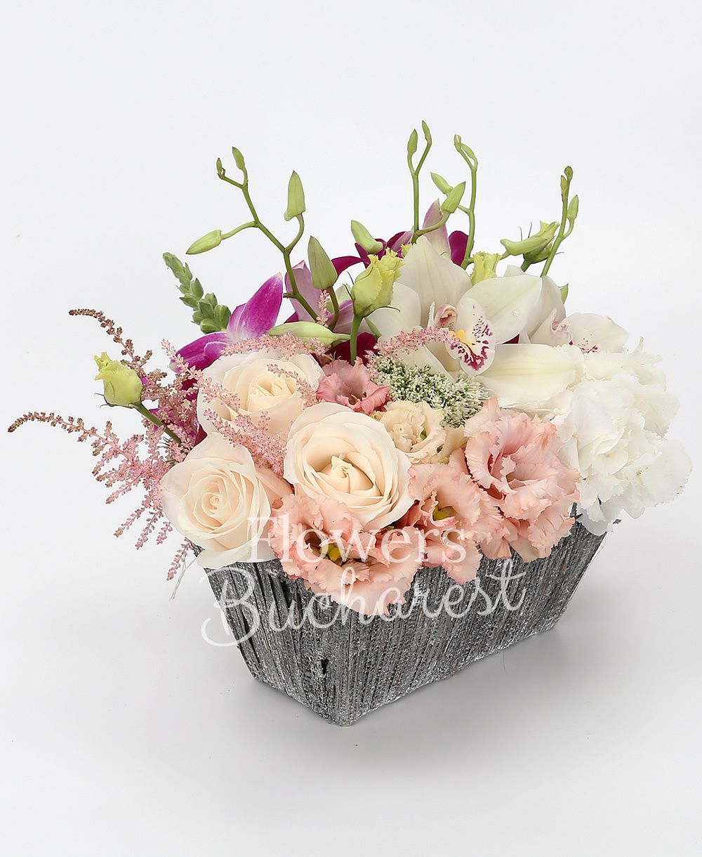 3 cream roses, white hydrangea, 2 pink lisianthus, 3 purple dendrobium, trachelium, white cymbidium, 3 pink astilles