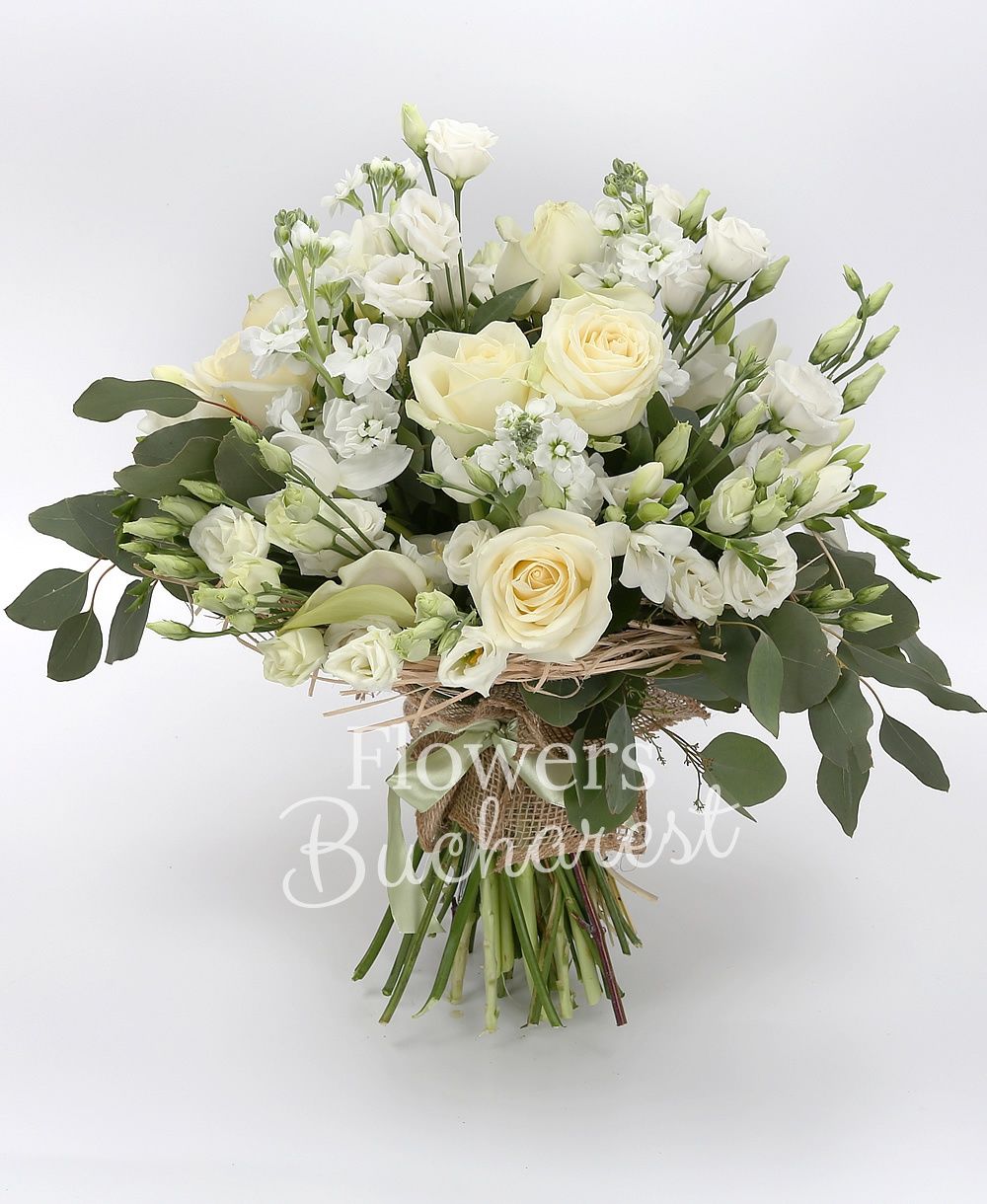 9 white roses, 5 white cala, 5 white mathiolla, 5 white lisianthus, 10 white freesias, 10 white tulips, greenery