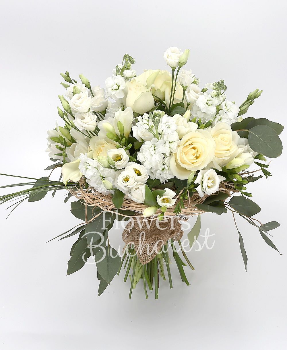 9 white roses, 5 white cala, 5 white mathiolla, 5 white lisianthus, 10 white freesias, 10 white tulips, greenery