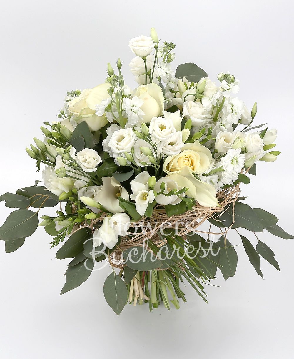 9 white roses, 5 white cala, 5 white mathiolla, 5 white lisianthus, 10 white freesias, 10 white tulips, greenery