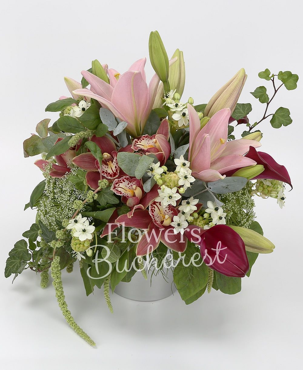 2 pink lilies, 3 green cala, 5 white ornithogalum, garnet cymbidium, ammi, amaranthus, greenery