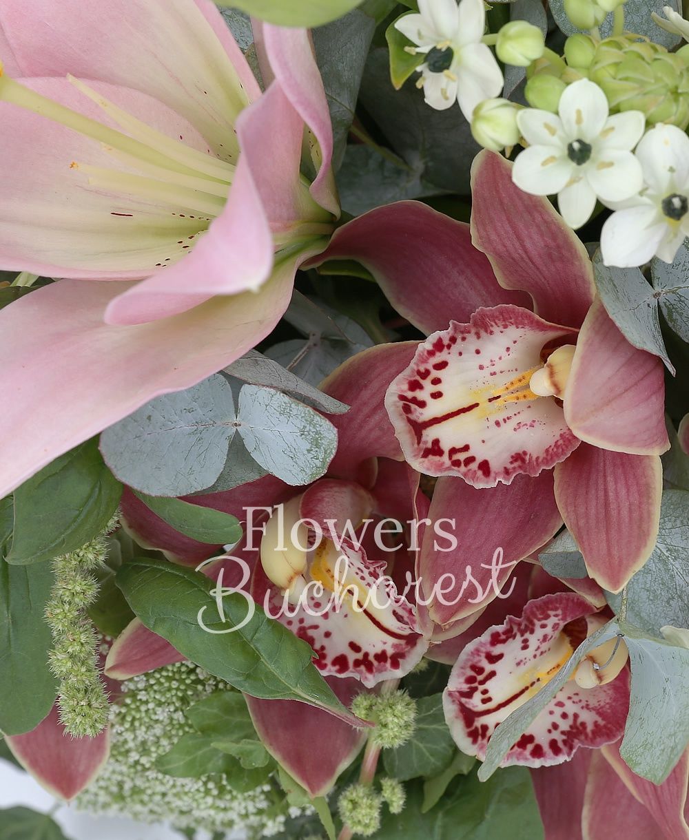 2 pink lilies, 3 green cala, 5 white ornithogalum, garnet cymbidium, ammi, amaranthus, greenery