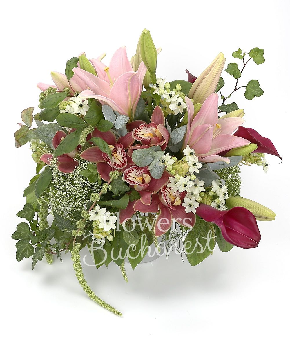 2 pink lilies, 3 green cala, 5 white ornithogalum, garnet cymbidium, ammi, amaranthus, greenery