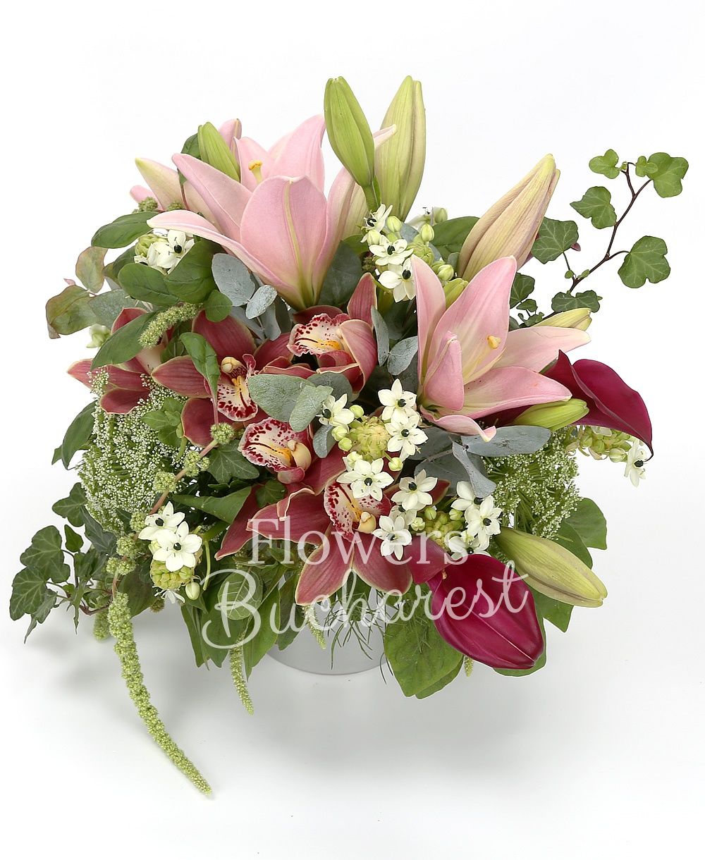 2 pink lilies, 3 green cala, 5 white ornithogalum, garnet cymbidium, ammi, amaranthus, greenery